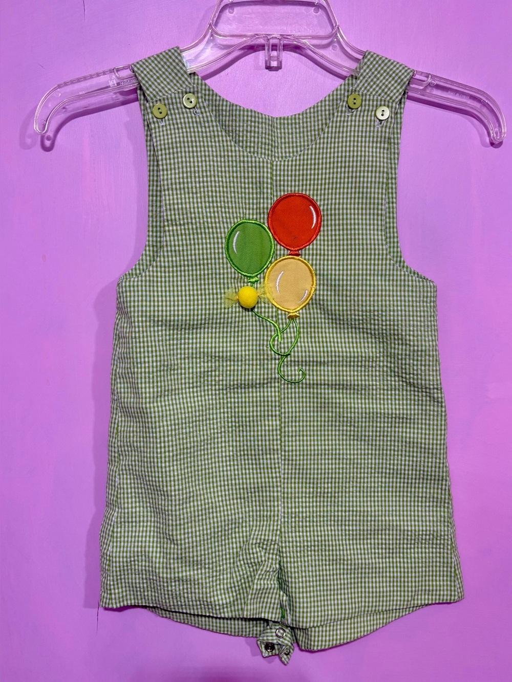 Green Gingham Kids Balloon Appliqué Overalls
